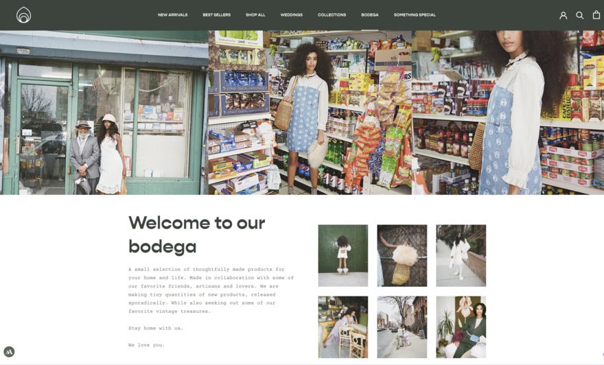 Brother Vellies webpage featuring two mannequins in a NYC bodega.