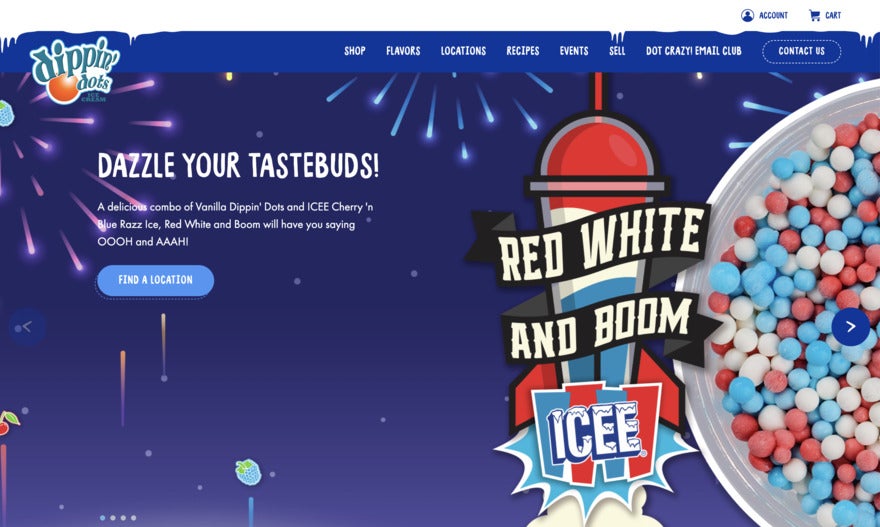 A red white and blue webpage celebrating cherry Icee Dippin' Dots ice cream. With fireworks!