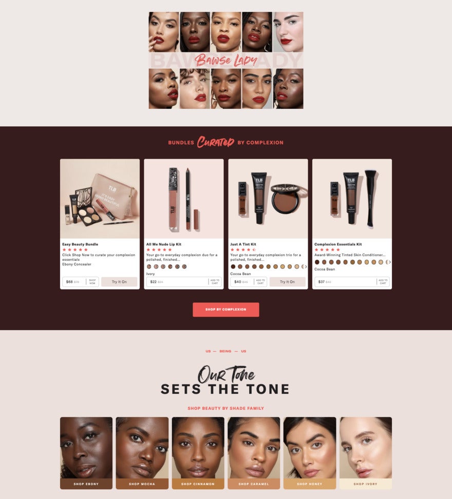 A Lipbar webpage featuring a variety of women's faces and tiles with beauty products for sale on a pink and burgundy background.