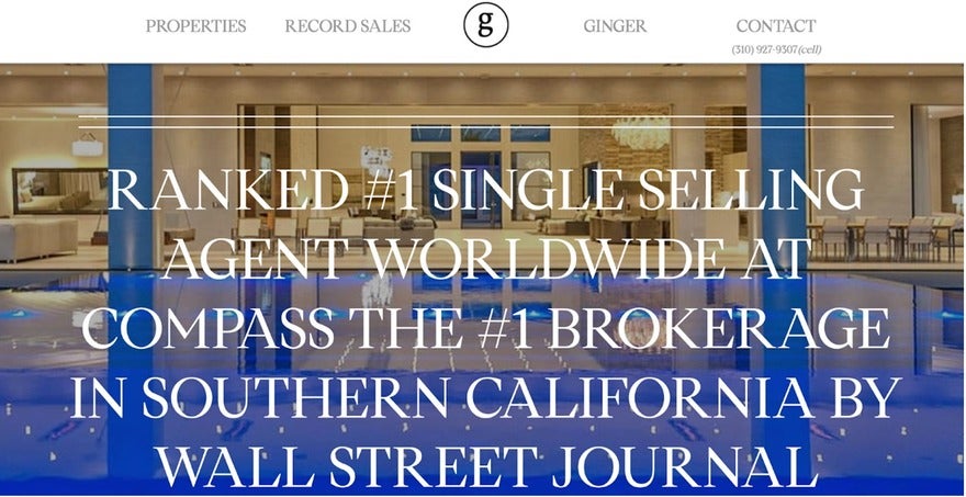 Web page boasting a top-ranked single selling agent worldwide at Compass, the #1 brokerage in Southern California, with an inviting poolside luxury home backdrop.