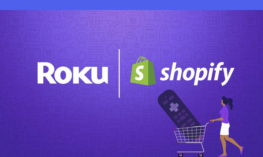 Purple background with logos for Roku and Shopify