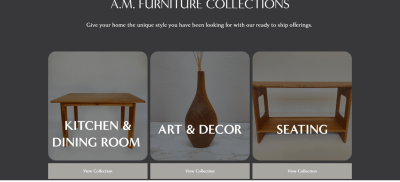 a furniture website with a selection of categories