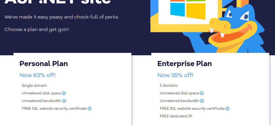 Host ASP.NET pricing plans in two squares next to the HostGator crocodile logo.