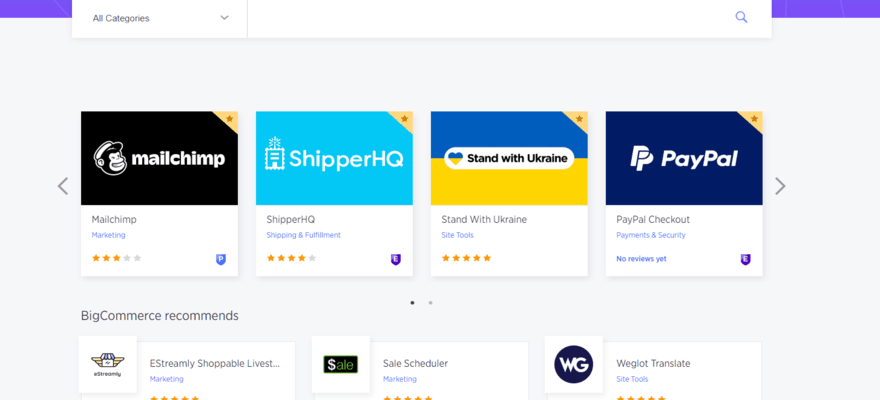 An image of BigCommerce's app store, showing a grey page with seven apps users can download.