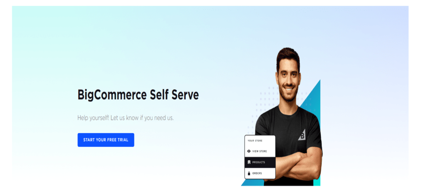 The light blue BigCommerce homepage which shows a man standing with his arms crossed and then a bright blue button for users to get started.