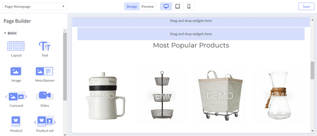 screenshot of the bigcommeerce dashboard showing a product selection of home items with a infographic side menu to the left