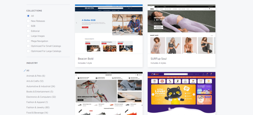 A white page showing four different BigCommerce store templates and a grey filtering menu down the left-hand side.