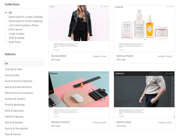 bigcommerce screnshot showing multiple themes, two clothing based featuring models from the neck down and two product based ones