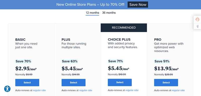 12-month pricing for Bluehost's 4 shared hosting plans