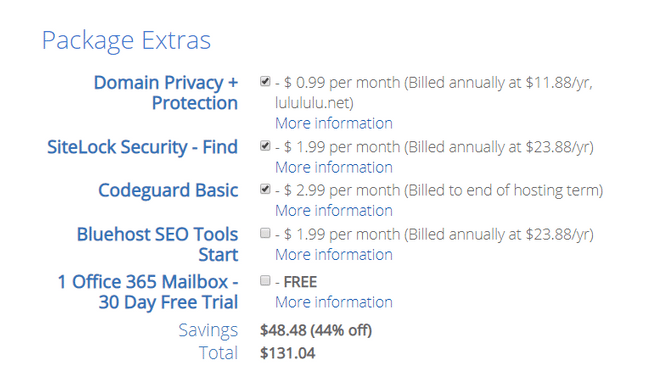 bluehost pricing package extras