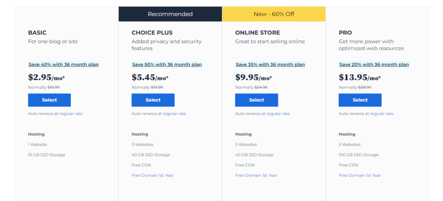 Columns showing Bluehost's four shared hosting plans, pricing, and features
