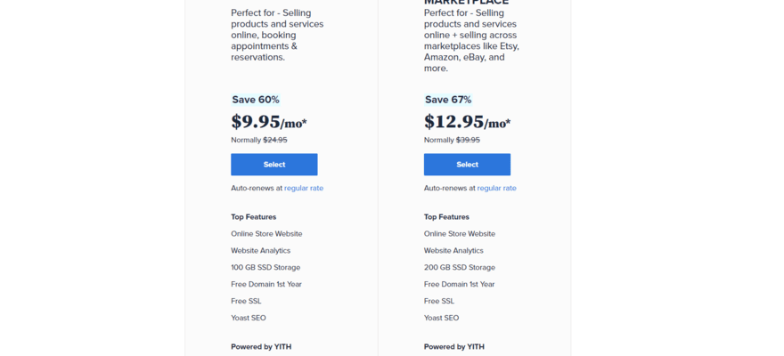 Bluehost's two WooCommerce plans and pricing, featuring a list of each plan's top features