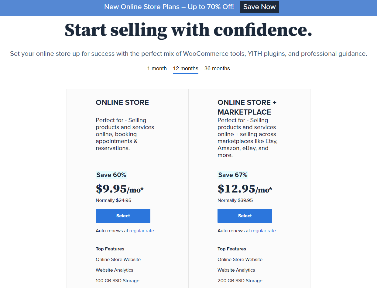 12-month pricing information for Bluehost's 2 WooCommerce plans