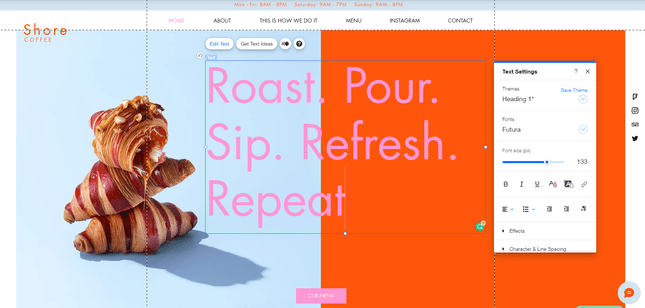 Wix editor updating text for coffee page with bright blue and red background and pink text
