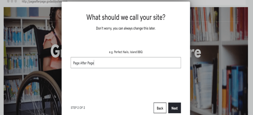 Image shows a white pop up over an online bookstore website template with the words 'What should we call your site?' in black text, and a text box that says 'Page After Page' below.
