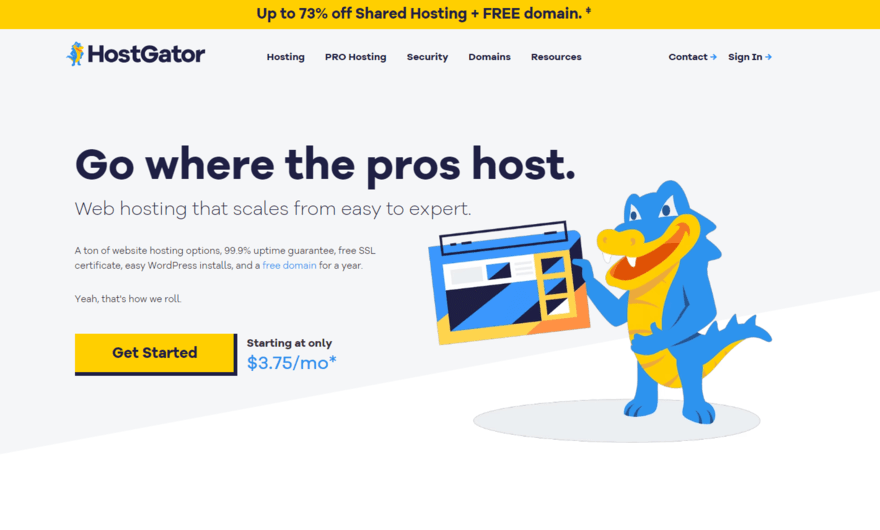 Homepage for HostGator's hosting, featuring its alligator logo and a button to "get started"