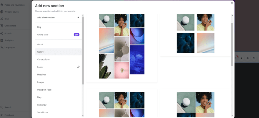 A page showing how to add an image gallery in Hostinger's editor.