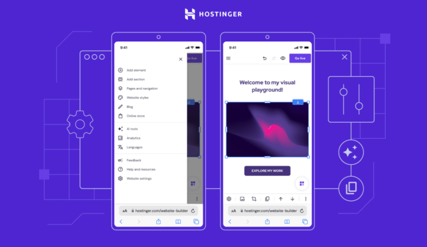 Purple background with two phone models showing Hostinger's mobile editor