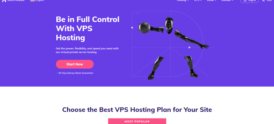 Hostinger VPS hosting homepage featuring a pink signup button