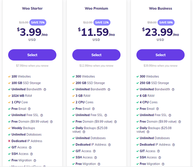 Hostinger prices in three rectangles with blue "select" buttons