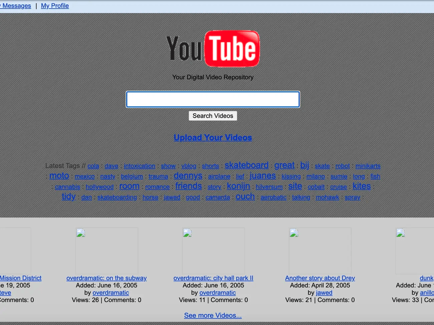 The very first website layout for the YouTube page, mostly links and broken image files, does not look good