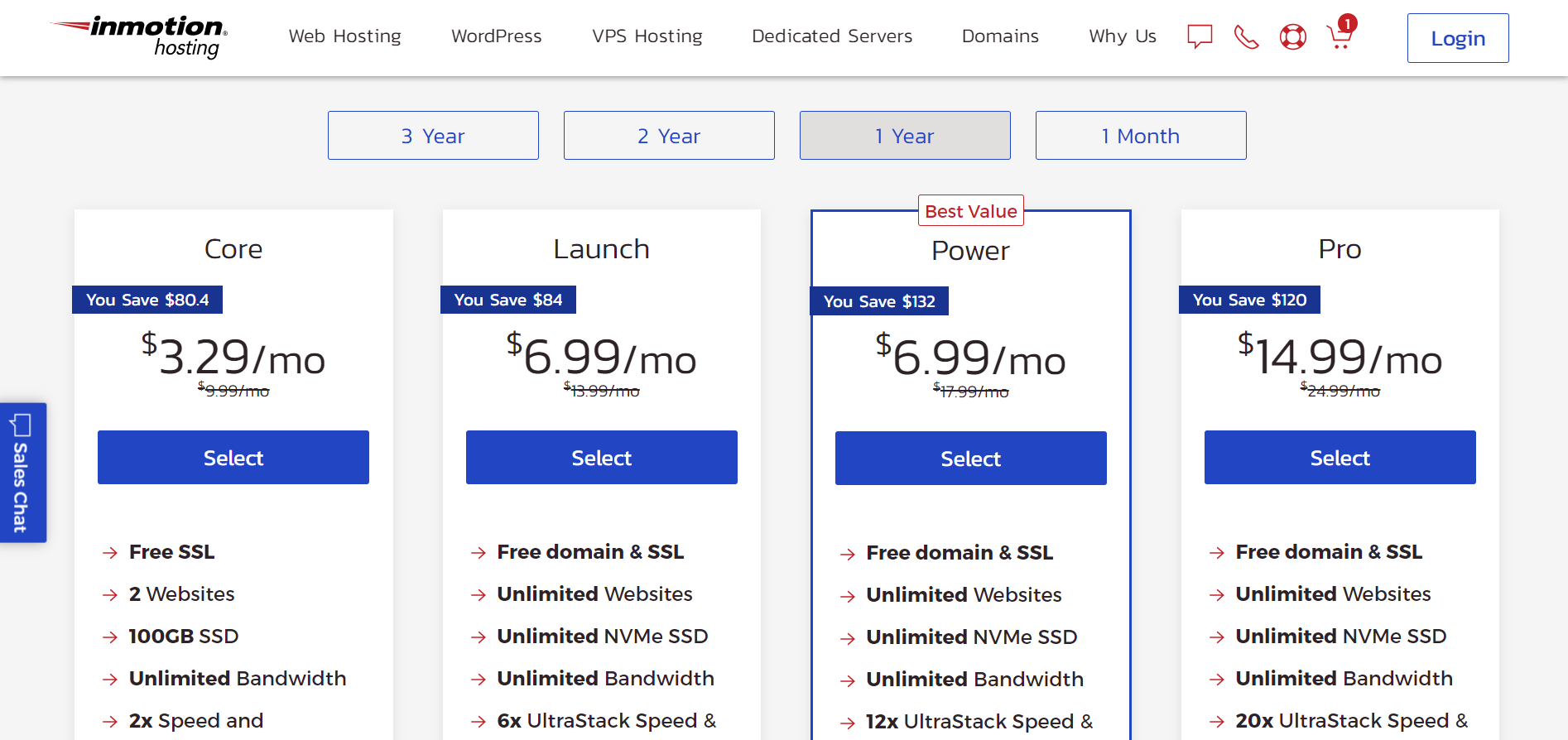 InMotion Hosting pricing page featuring 1-year plans