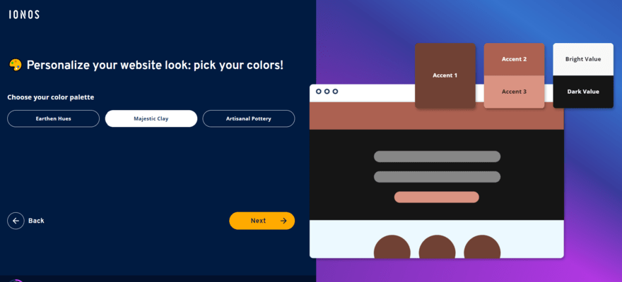Choice of color palettes during IONOS onboarding for building an AI website