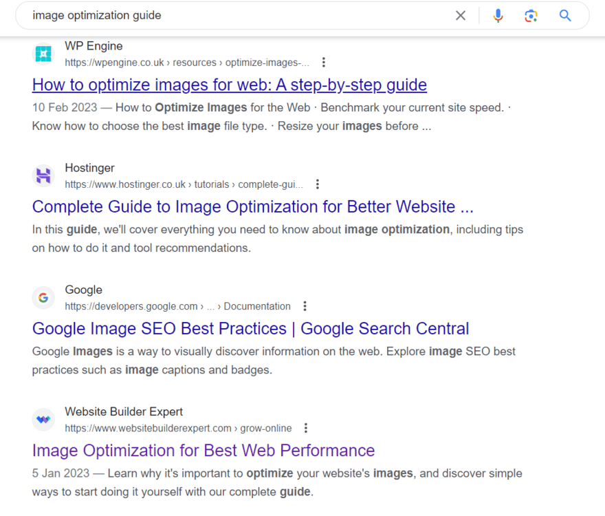 Google results page for search term "image optimization guide" showing four page results