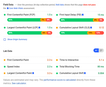 pagespeed insight result core web vitals