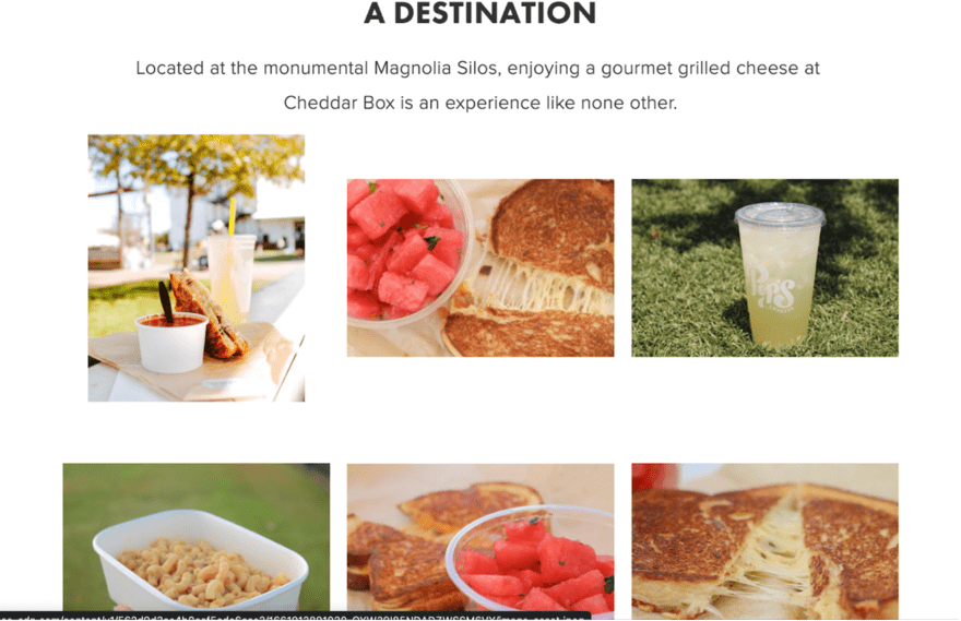 A collage of photos of food and drinks sitting on a metal table in a park. The food includes a grilled cheese sandwich, a salad, a bowl of soup, a plate of fruit, and a glass of lemonade. The drinks include a cup of coffee, a bottle of water, and a can of soda.