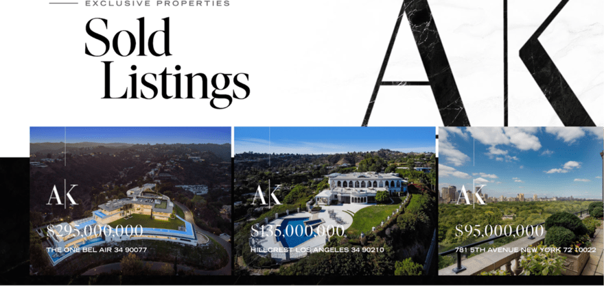 Web page showcasing sold luxury property listings with images and sale prices, including a mansion in Bel Air and a high-rise in New York.