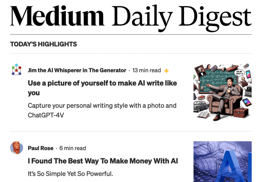 Medium's Daily Digest section, which offers readers the best of its content.