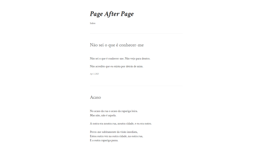 WordPress.com's new Poema theme featuring a white background with delicate white writing on top.