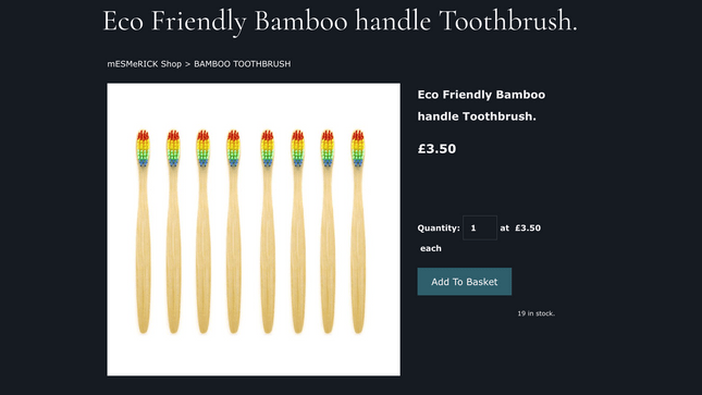 Product page featuring eco-friendly bamboo toothbrushes with rainbow bristles