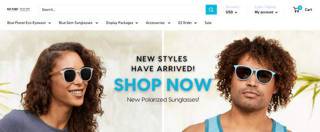 Blue Gem Sunglasses website homepage inviting visitors to shop its products