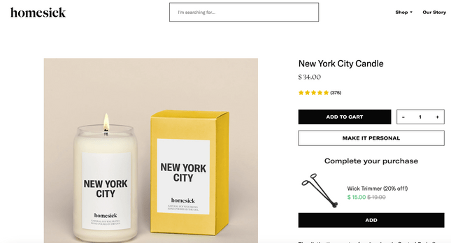 Homesick product page featuring a New York City candle