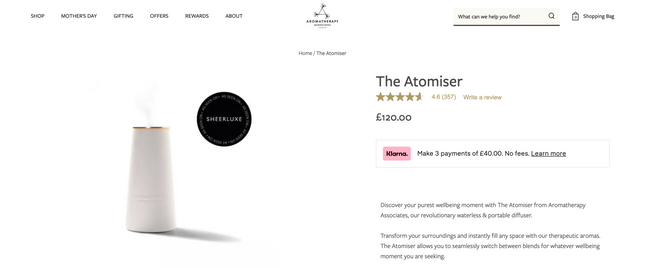 Product page on Aromatherapy Associates' website
