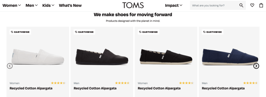 Selection of four TOMS products featuring its Earthwise stamp to indicate they're made from sustainable materials