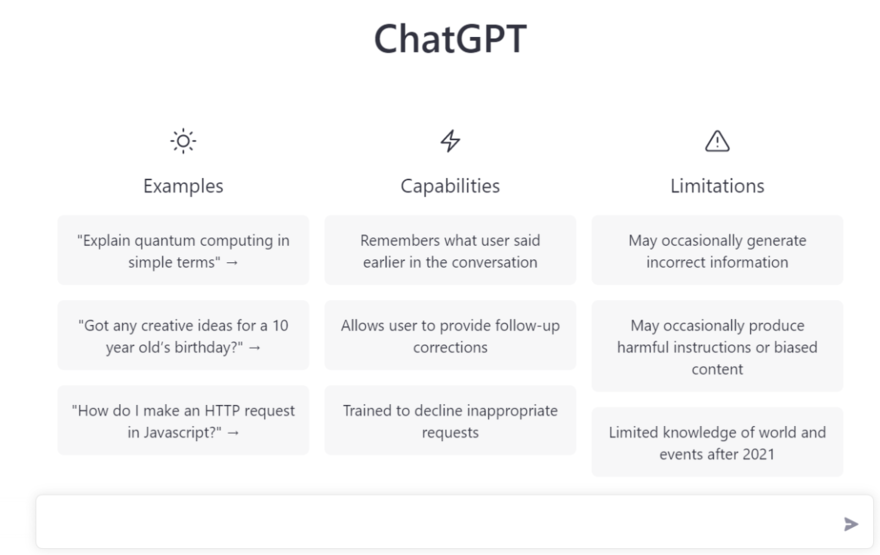 ChatGPT's interface showing examples and capabilities