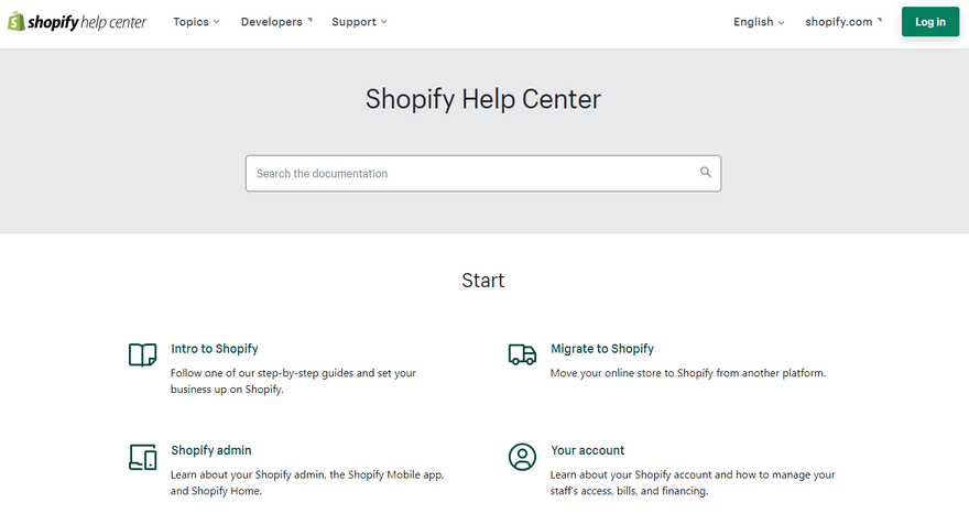 The Shopify help center with a search bar and four small icons
