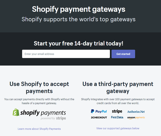 shopify payment options gateway with email sign-up for 14-day free trial and icons of other payment gateways