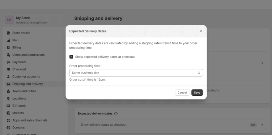 Shopify's shipping settings for test online store