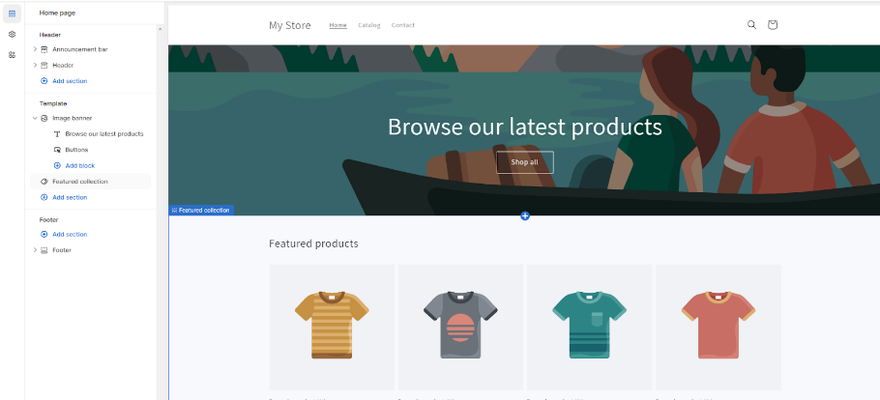 a store template with t-shirts and a cute illustration of a couple on a lake