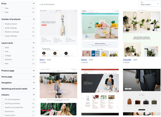 shopify theme page with a selection of different themes available for different store types