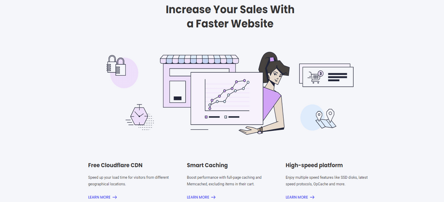 SiteGround graphic for increasing sales with woman holding a graph