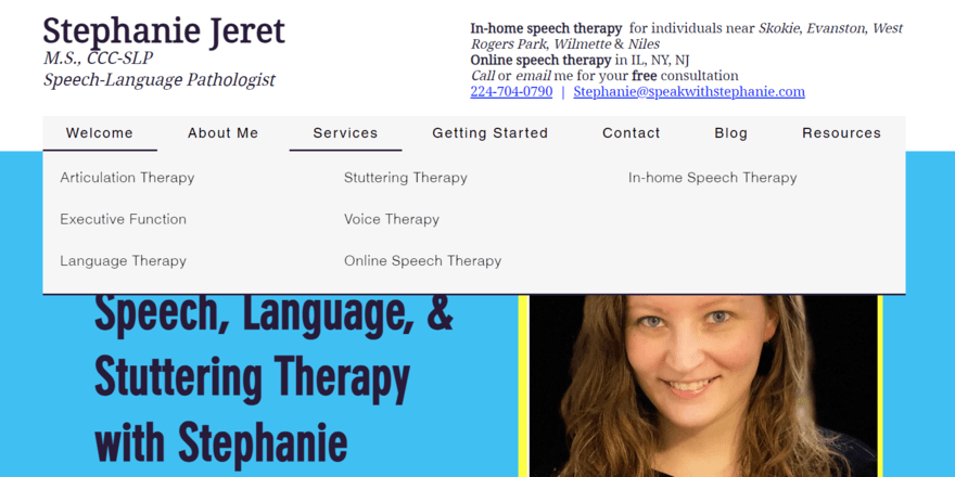 Navigation bar on Speak with Stephanie's website homepage