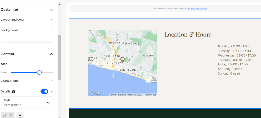 Square Online location element in its website editor