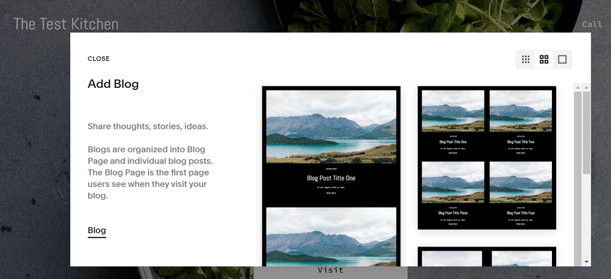 "Add Blog" page with layouts of image templates to choose from.