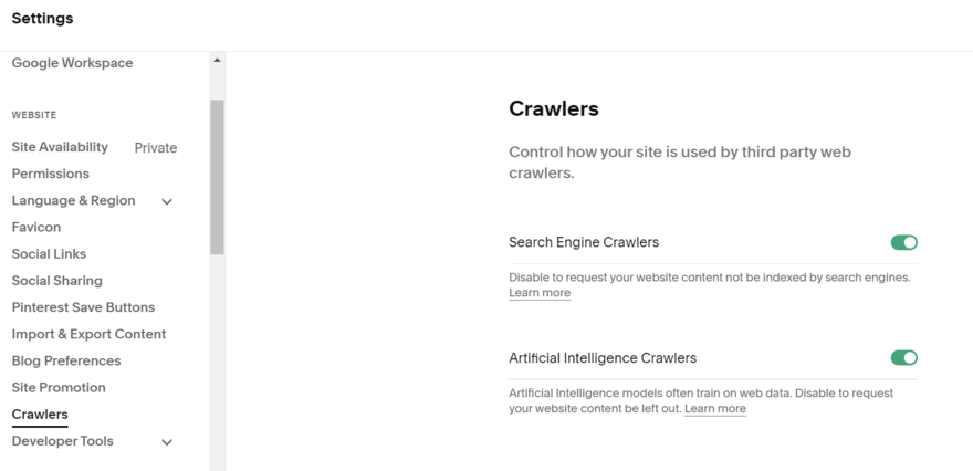 Squarespace setting page with toggles for turning off search engine and AI crawlers