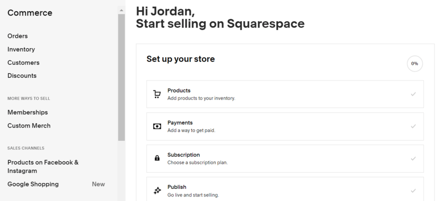 Squarespace's ecommerce dashboard on a white background with black text directing users to different tools.